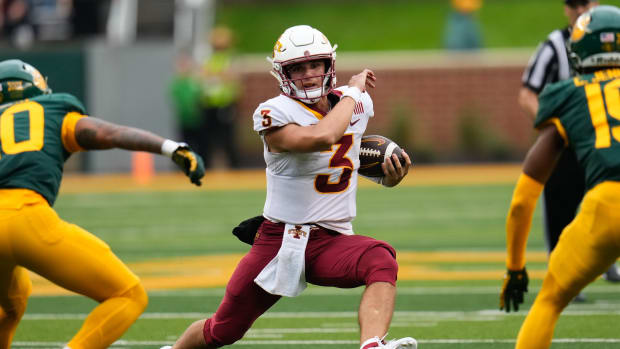 Oct 28, 2023; Waco, Texas, USA; Iowa State Cyclones quarterback Rocco Becht (3) runs the ball against Baylor Bears cornerback Caden Jenkins (19) during the second half at McLane Stadium. Mandatory Credit: Chris Jones-USA TODAY Sports  